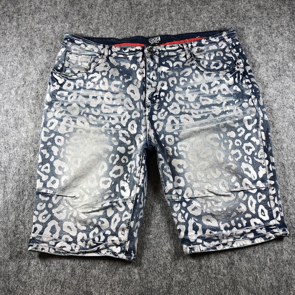 Rock Salt Shorts Mens 48 Blue Leopard Print Stretch Denim Bermuda
